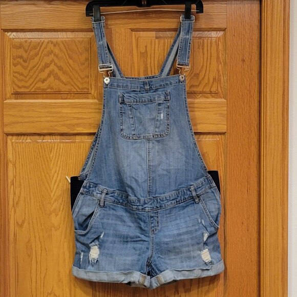 Indigo Blue Maternity Distressed Denim Bib Overalls Shortalls Size Large - Picture 3 of 11